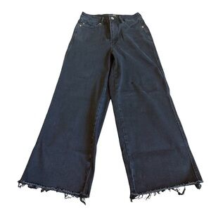 Judy Blue Black Wide Leg Jeans Pants Distressed Raw Hem Cropped Size 27 Women's